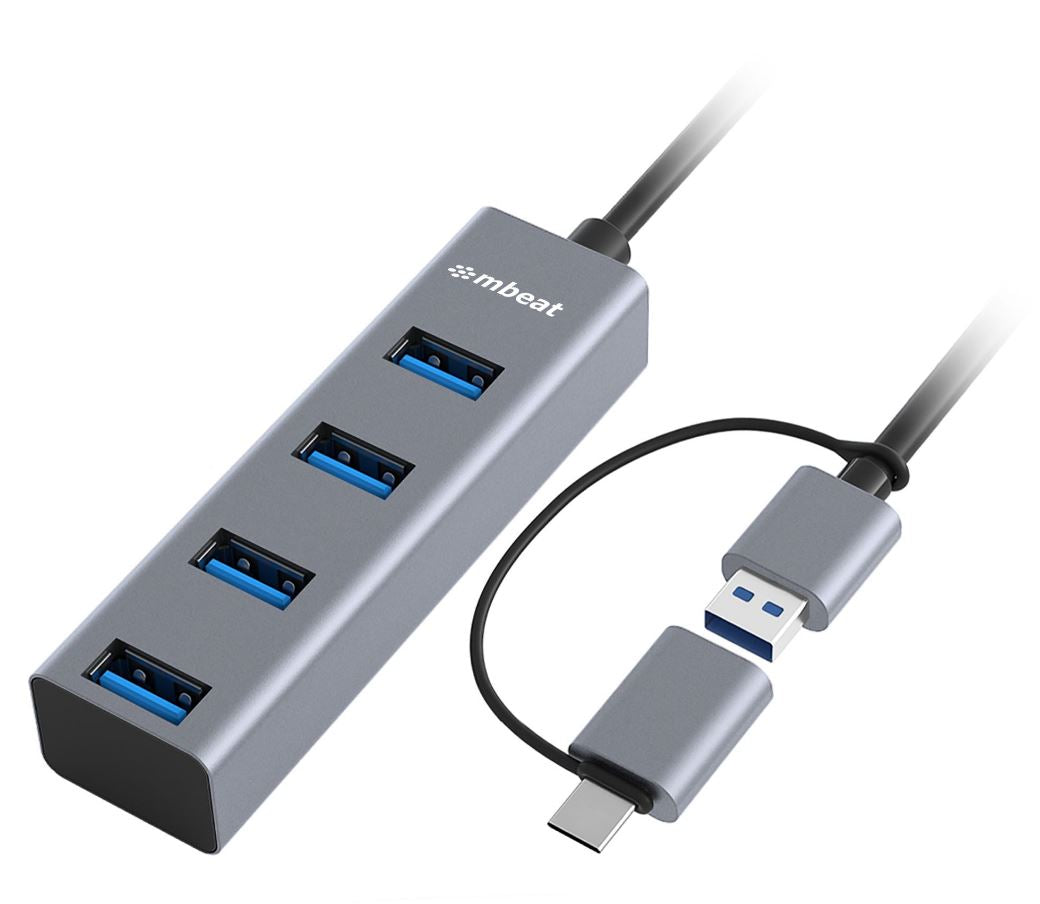 mbeat 4-Port USB 3.0 Hub with 2-in-1 USB 3.0 & USB-C Converter - Space Grey transfer speeds up to 5Gbps  Material: Aluminium Weight: 48g mbeat 4-Port USB 3.0 Hub with 2-in-1 USB 3.0 & USB-C Converter - Space Grey transfer speeds up to 5Gbps  Material: Aluminium Weight: 48g